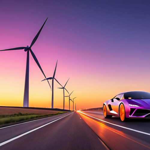 **

A Zeekr 001 speeding down a modern highway at sunset. The sky is a gradient of orange, pink, and purple. The car is sleek and futuristic, with its headlights cutting through the twilight. In the background, wind turbines are visible, suggesting a focus on green energy. The scene evokes a sense of freedom and long-distance travel, highlighting the car's extended range.

**