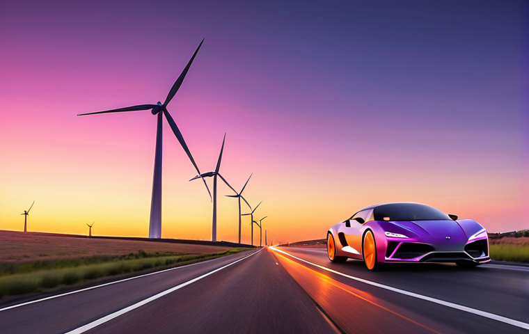 **

A Zeekr 001 speeding down a modern highway at sunset. The sky is a gradient of orange, pink, and purple. The car is sleek and futuristic, with its headlights cutting through the twilight. In the background, wind turbines are visible, suggesting a focus on green energy. The scene evokes a sense of freedom and long-distance travel, highlighting the car's extended range.

**